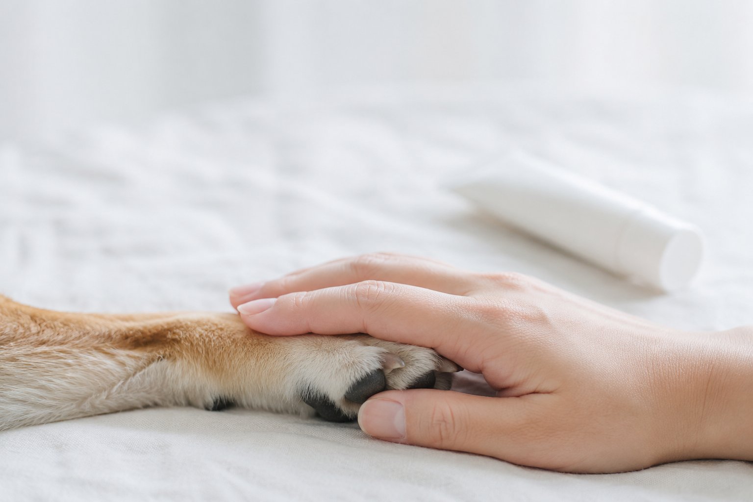 犬の前足にそっと手を添えるケアのイメージ