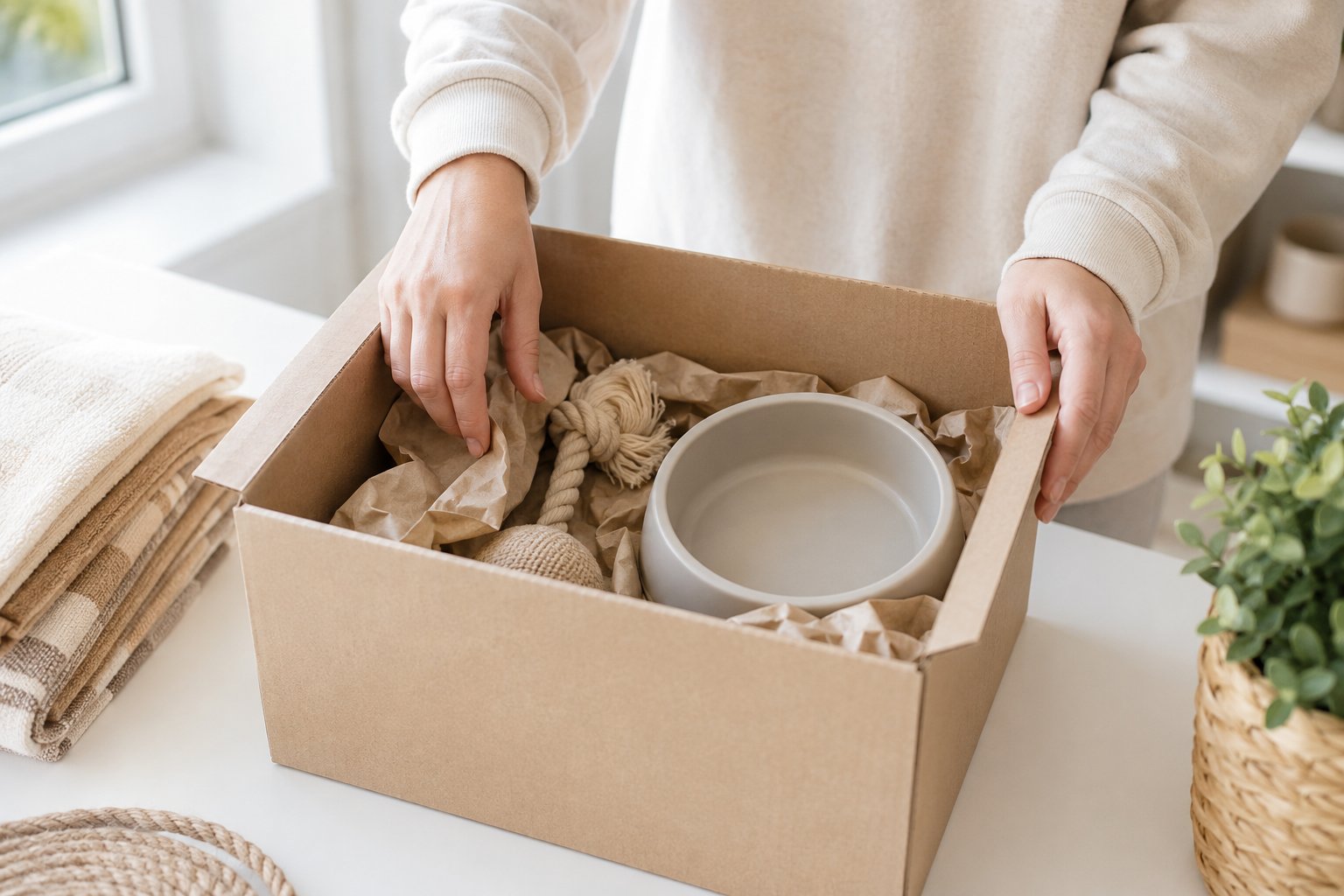 ペット用品を丁寧に梱包する手元
